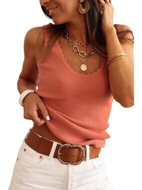 👑 Women Orange Sleeveless Scoop Neck Ribbed Knit Shirt Casual Sexy Sweater Vest